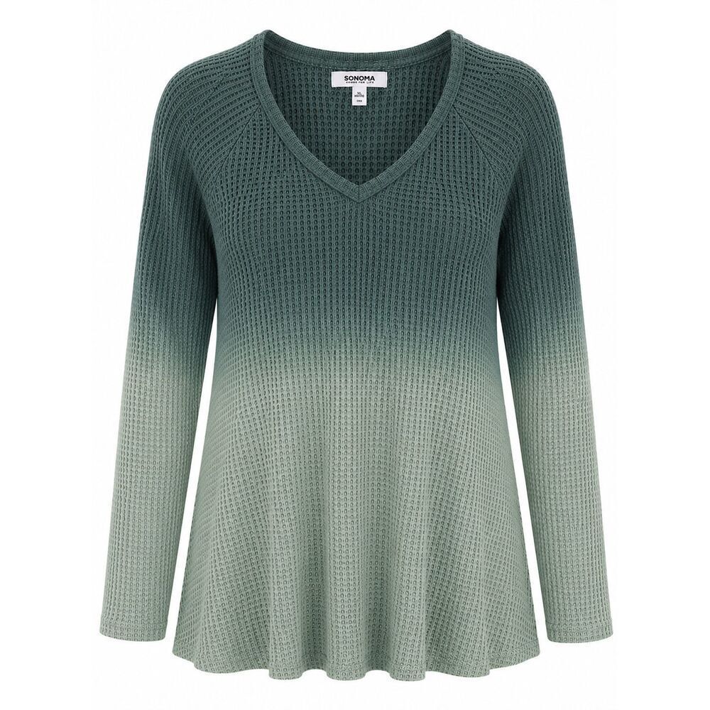 Sonoma Waffle Knit Sweater Blue Green VNeck Top Women XL Ombre Tunic Long Sleeve